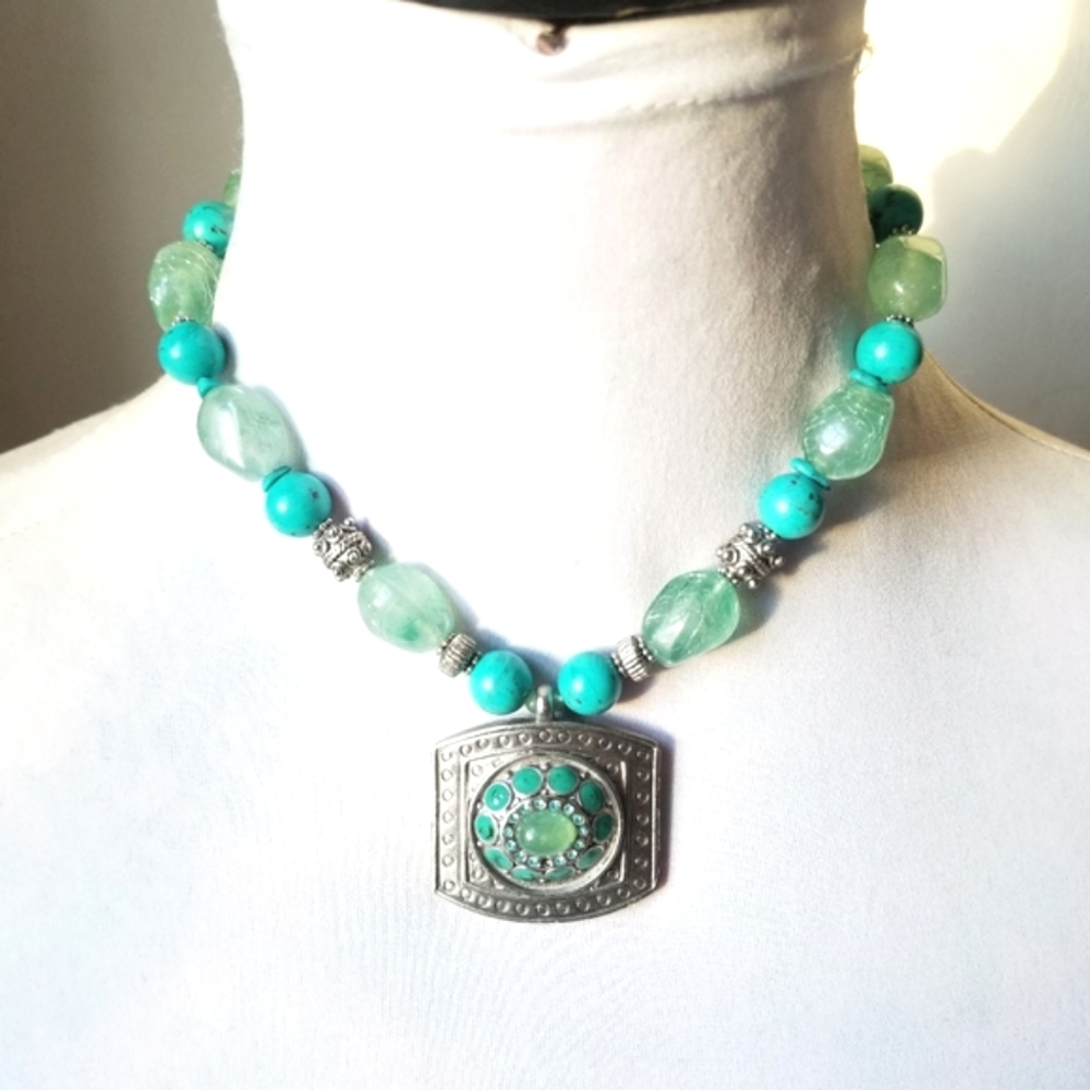 Necklace with turquoise blue and aqua color beads silver tone boho chunky
